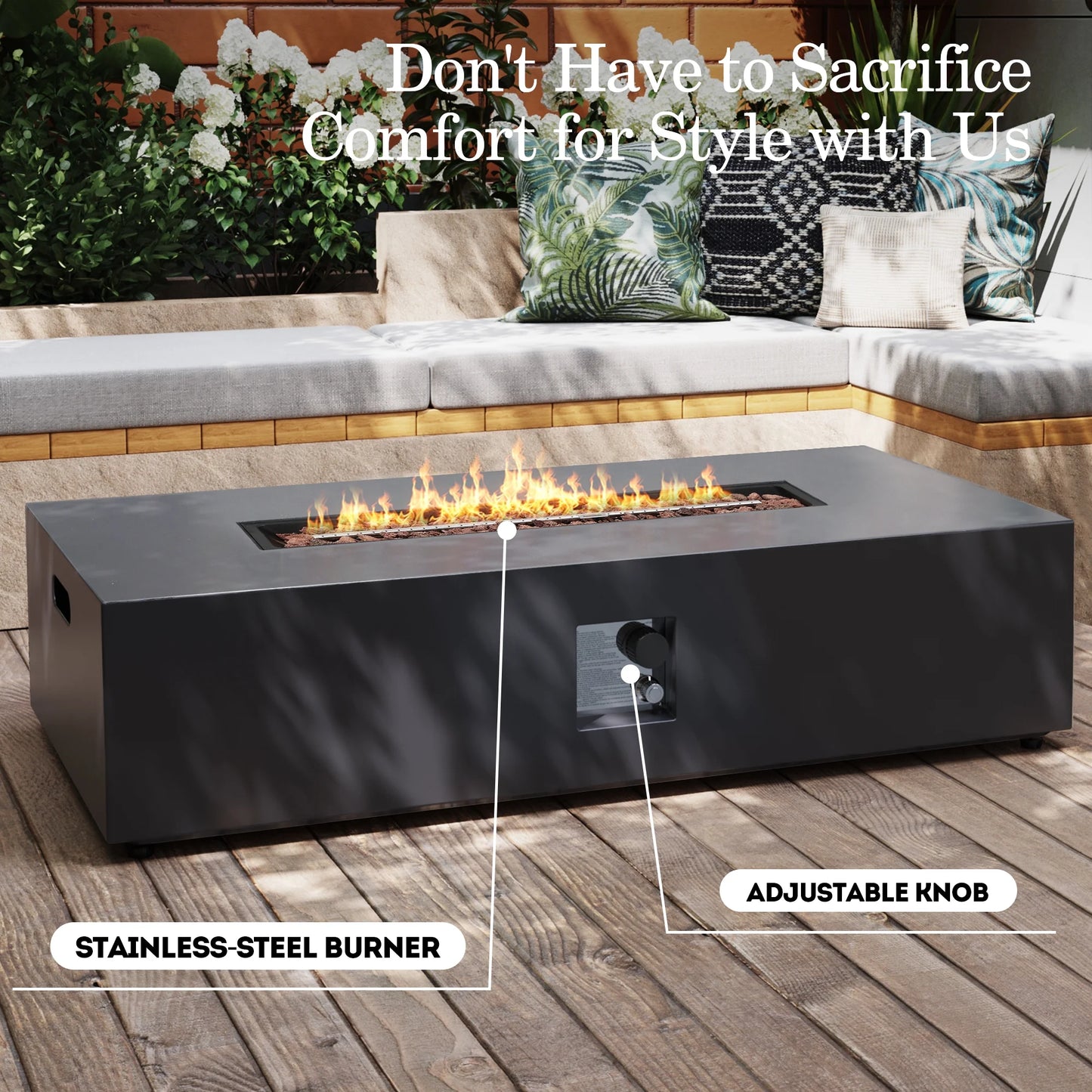 UPHA 56-inch Outdoor Propane Rectangle Fire Pit Table 50000 BTU Iron Gas FirePit for Outside Patio with Tank Cover, Removable Lid, Lava Rocks, Rain Cover, Grey
