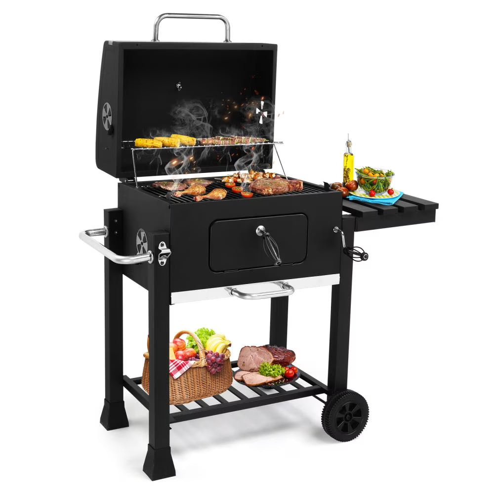 IVV Outdoor Charcoal Grill with Foldable Side Table, Moveable BBQ Grill w/Built-in Thermometer, Removeable Ash Rray Perfect for Picnics Patio Garden and Backyard Grilling, Black