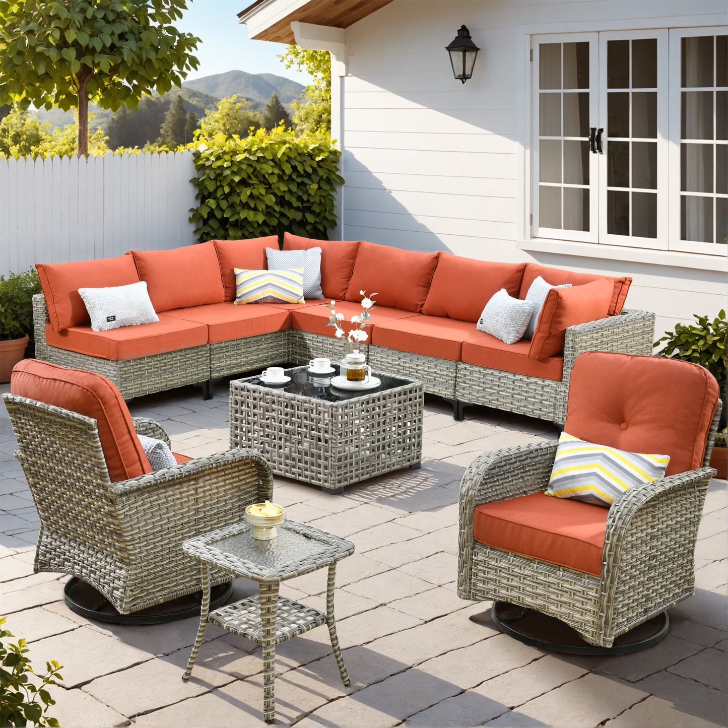 Vcatnet Outdoor Patio Furniture Sets 10 Pieces Sectional Sofa Wicker Conversation Set with Swivel Glider Chairs and Solar Powered Coffee Table for Porch,Backyard,Gray