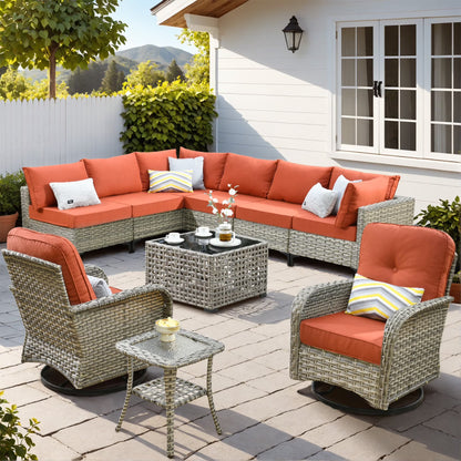 Vcatnet Outdoor Patio Furniture Sets 10 Pieces Sectional Sofa Wicker Conversation Set with Swivel Glider Chairs and Solar Powered Coffee Table for Porch,Backyard,Gray
