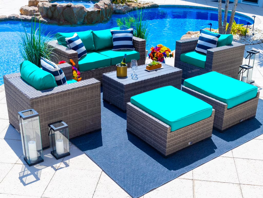 Sorrento 6-Piece M Resin Wicker Outdoor Patio Furniture Lounge Sofa Set in Gray w/Loveseat, Two Armchairs, Two Ottomans, and Coffee Table (Flat-Weave Gray Wicker, Polyester Light Gray)