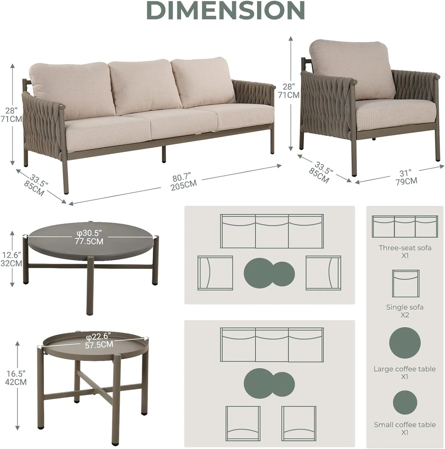 Grand Patio 5-Piece Furniture Set, Cotton Rope Outdoor Conversation Set with Deep Seating, Thick Cushions, Water-Resistant, 2 Coffee Tables, Backyard/Porch