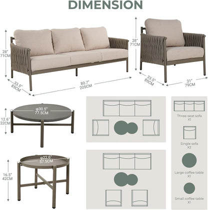 Grand Patio 5-Piece Furniture Set, Cotton Rope Outdoor Conversation Set with Deep Seating, Thick Cushions, Water-Resistant, 2 Coffee Tables, Backyard/Porch