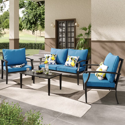 JOYURE 4 pieces Patio Furniture Set w/loveseat,Coffe Table,Outdoor Conversation Metal Sofa with High Back and Thick Cushion,for Backyard,Garden,Beige