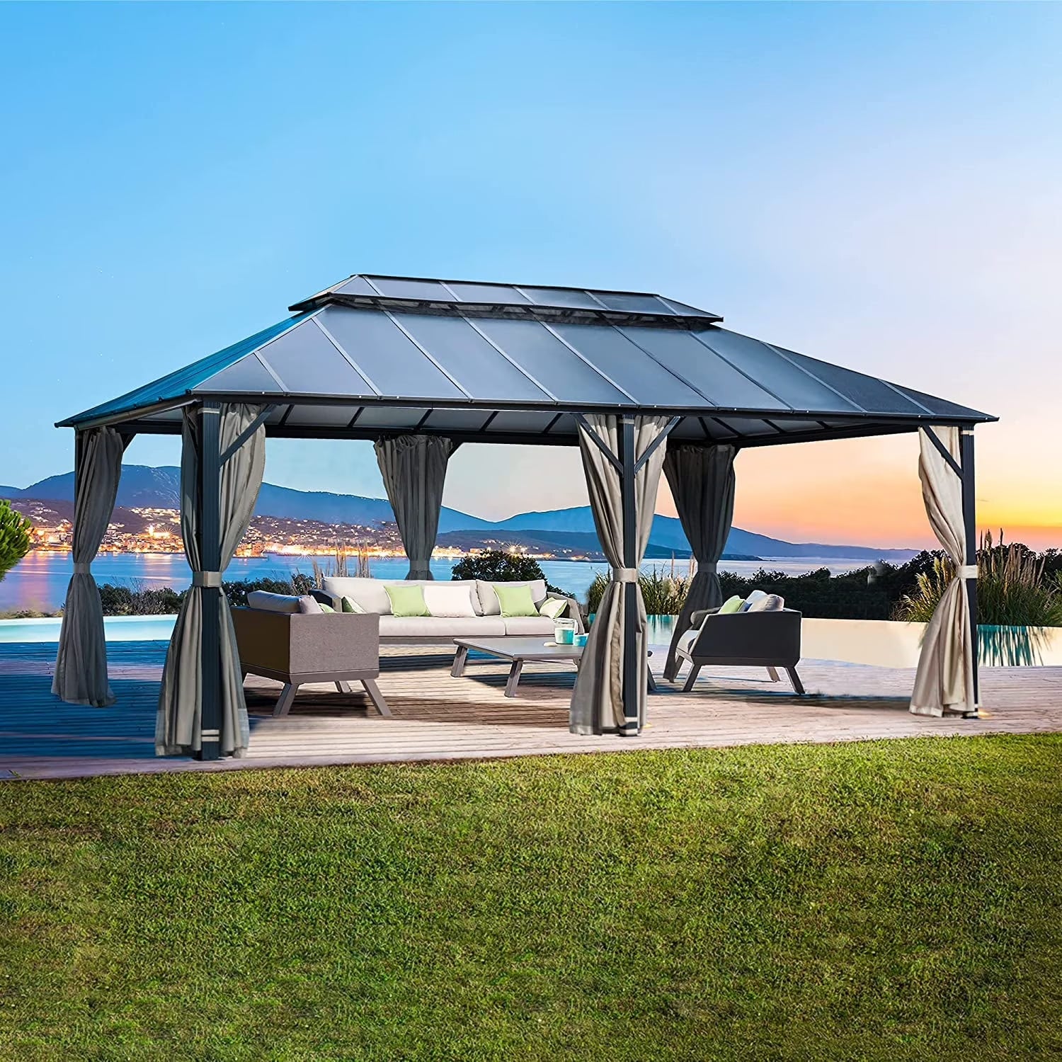 Erommy Hardtop Gazebo, Waterproof Aluminum Pavilion with Netting & Curtains for Patio, Garden Dusty Blue 10'x12'