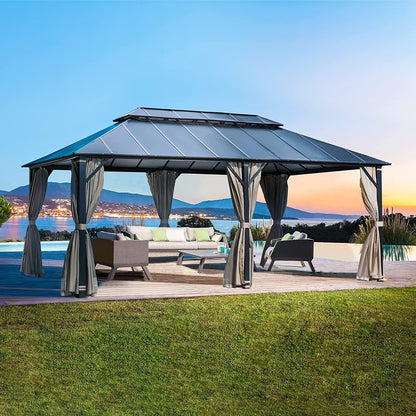 Erommy Hardtop Gazebo, Waterproof Aluminum Pavilion with Netting & Curtains for Patio, Garden Dusty Blue 10'x12'