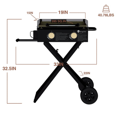 KingChii 2-Burner 19" Propane Griddle Outdoor Flat Top Gas Grill Griddle for Camping, Tailgating, BBQ, Parties, Backyard & Patio