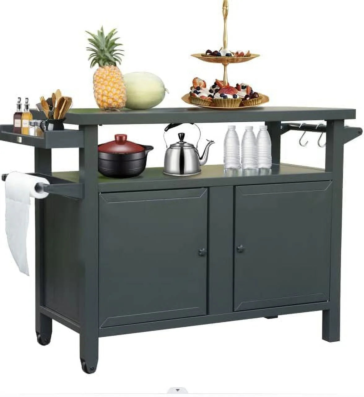Domi Grill Carts Outdoor with Storage and Wheels, Whole Metal Portable Table and Storage Cabinet for BBQ,Deck,Patio,Backyard(Dark Grey,L45x W20.31x H35.51 Inch)