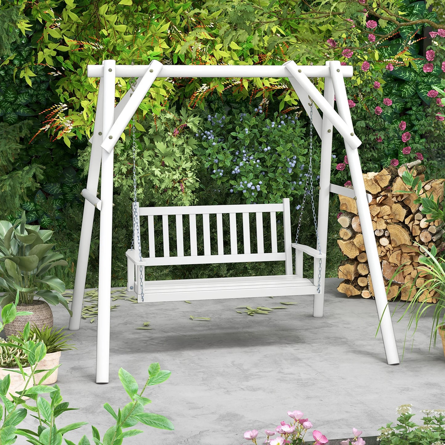 Costway 3-Person Wooden Outdoor Porch Swing Heavy Duty Patio Hanging Bench Chair White