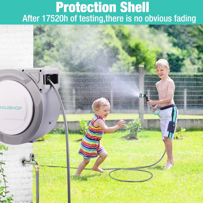 HAUSHOF 1/2" x 100 ft Retractable Garden Hose Reel with Automatic Rewind, 10-Pattern Spray Nozzle, Durable High-Pressure Hose, and 180° Swivel Bracket - Perfect for Watering Gardens, Cleaning Patios