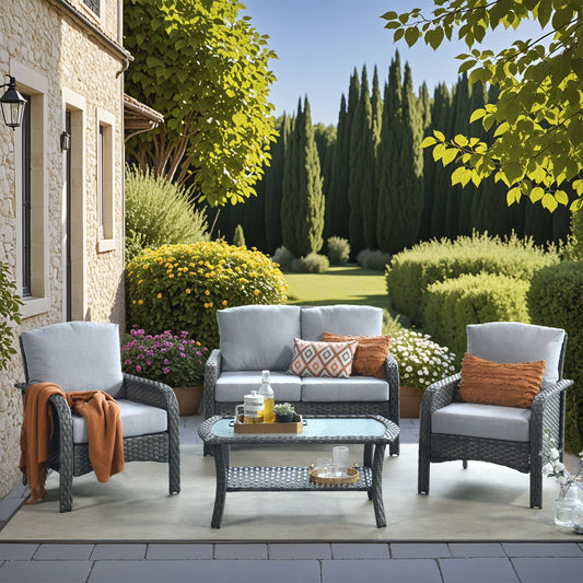 Vcatnet 4 Pieces Outdoor Patio Furniture All-weather Wicker Conversation Set with Coffee Table for Garden,Poolside,Gray