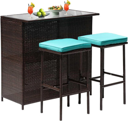 CL.HPAHKL Patio Bar Set, 3 Piece Outdoor Rattan Wicker Furniture Set with Glass Top Table & 2 Cushions Stools for Patios Backyards Porches Gardens Poolside, Khaki