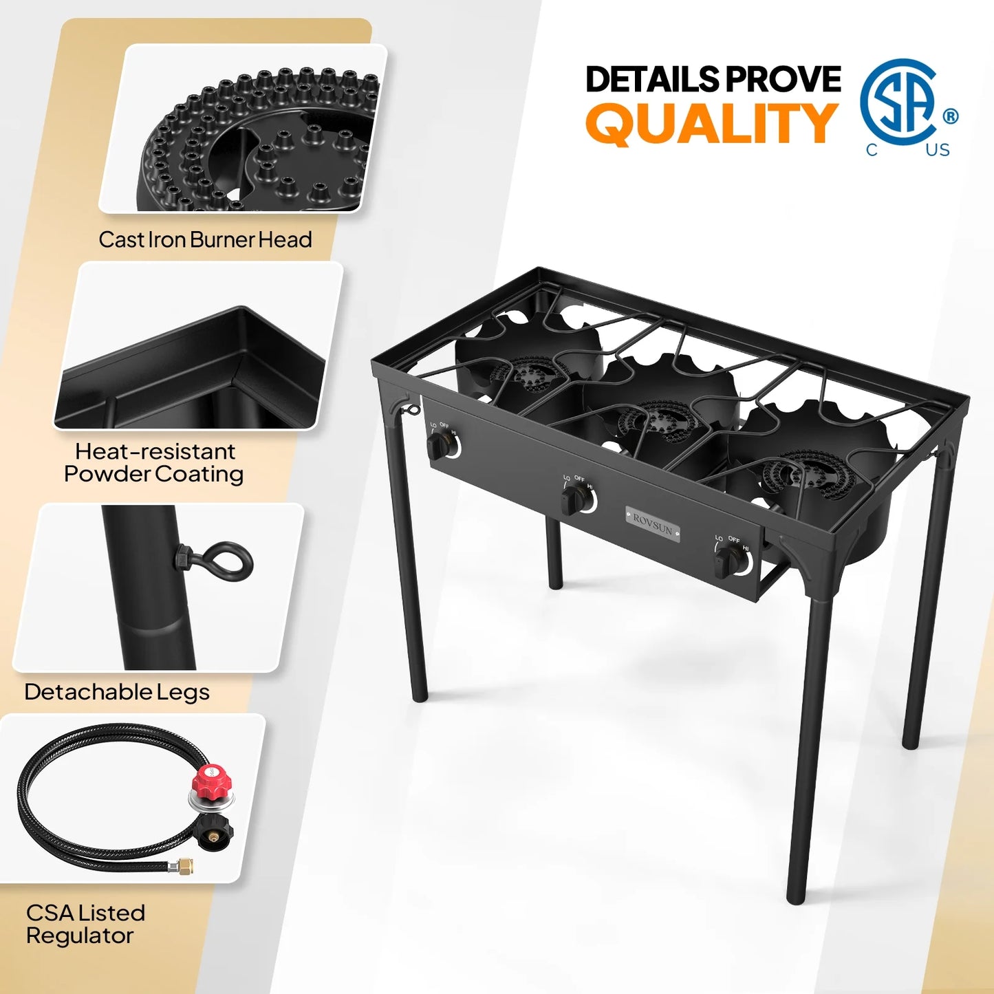 VINGLI 3 Burner High Pressure Outdoor Camping Burner, 225,000 BTU Propane Gas Stove with CSA Listed Regulator, Picnic Cooker Perfect for Home Brewing Maple Syrup Patio Turkey Frying Canning