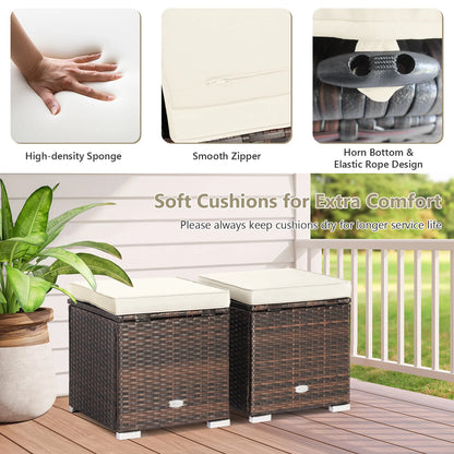 Costway 2PC Patio Rattan Ottoman Seat Side Table Storage Box Footrest Off White