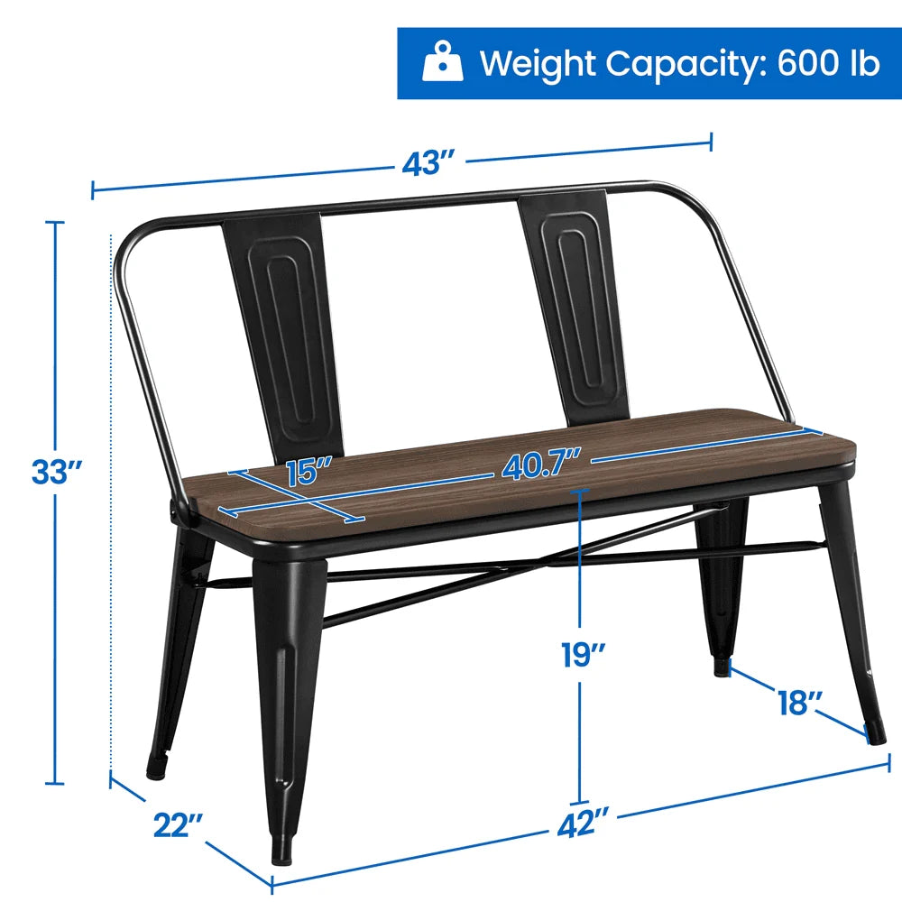 SMILE MART Industrial Metal Dining Bench with Wooden Top for Patio Kitchen Garden, Black
