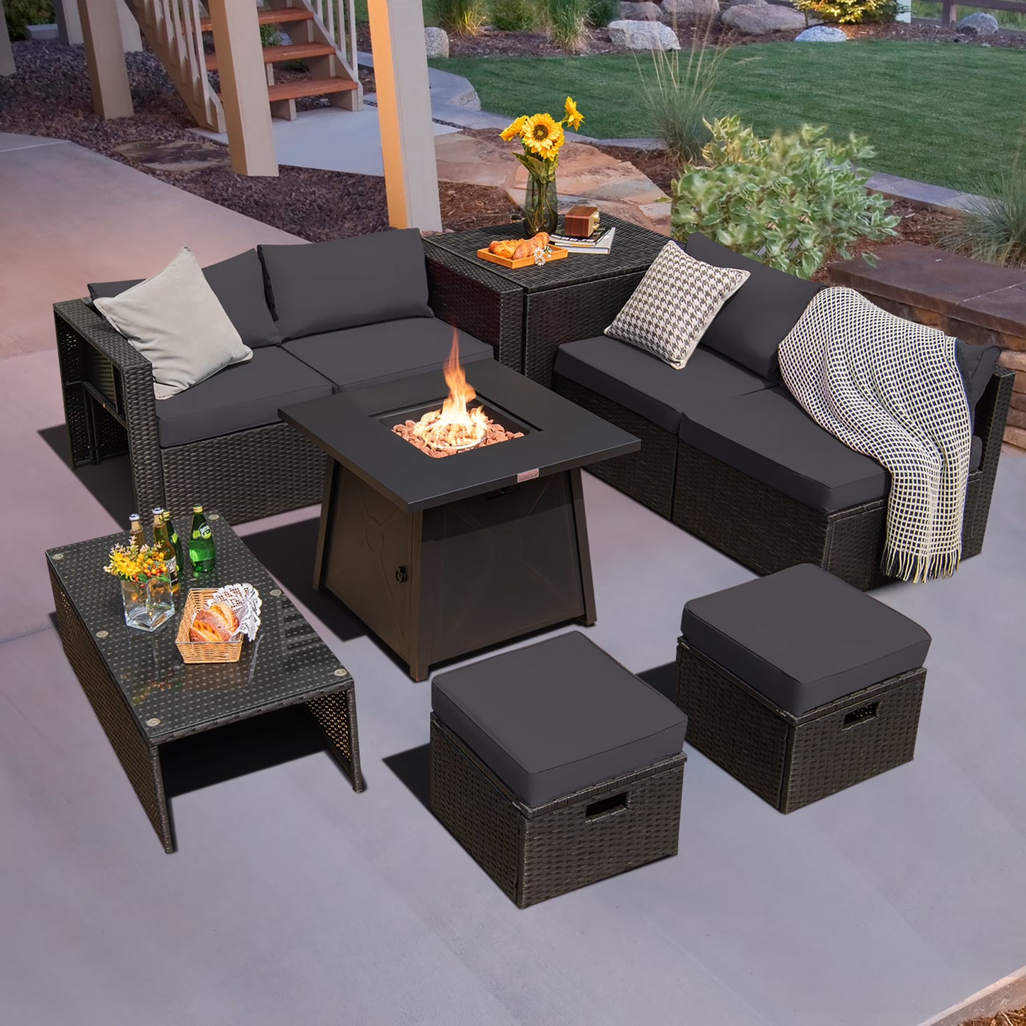Costway 9PCS Patio Rattan Furniture Set Fire Pit Space-saving W/Cover Red Cushion cover