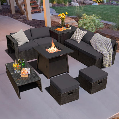 Costway 9PCS Patio Rattan Furniture Set Fire Pit Space-saving W/Cover Red Cushion cover