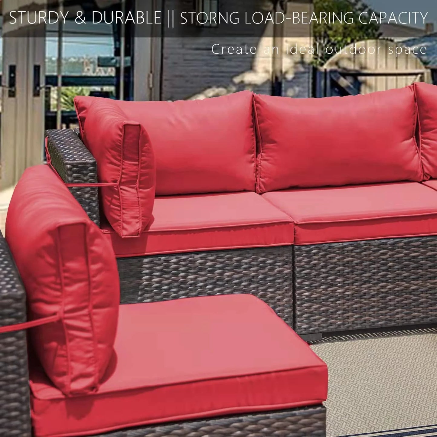 Gotland 7 Piece Outdoor Patio Furniture Set PE Rattan Wicker Patio Sectional Sofa Conversation Set(Red)