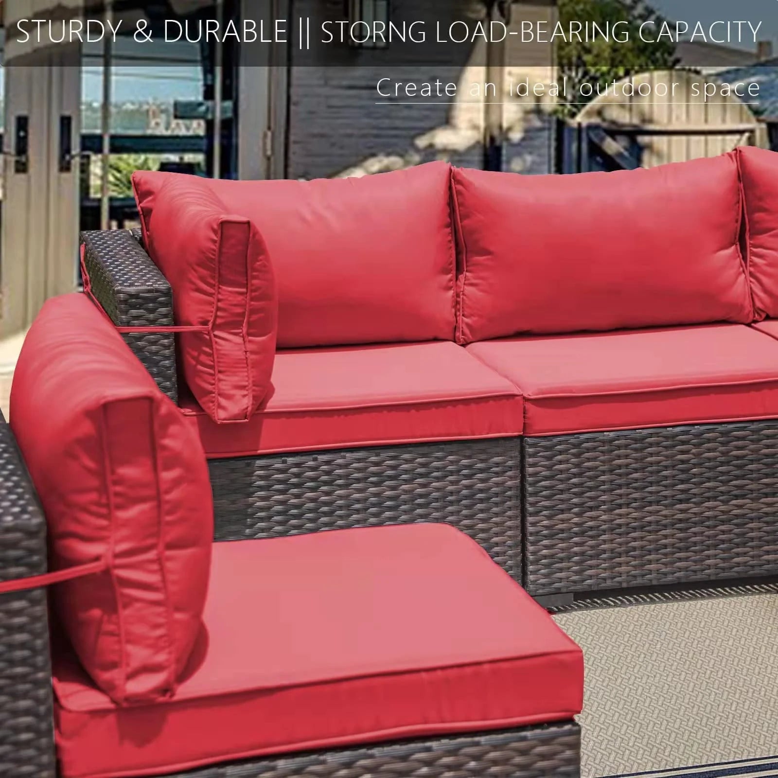 Gotland 7 Piece Outdoor Patio Furniture Set PE Rattan Wicker Patio Sectional Sofa Conversation Set(Red)