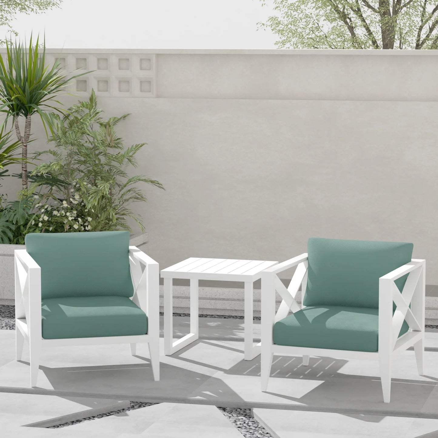 MBY Outdoor Aluminum Patio Furniture Set, 2-Seats Patio Conversation Sofa Set with 1 Coffee Table, All Weather for Pool, Balcony, Garden-White