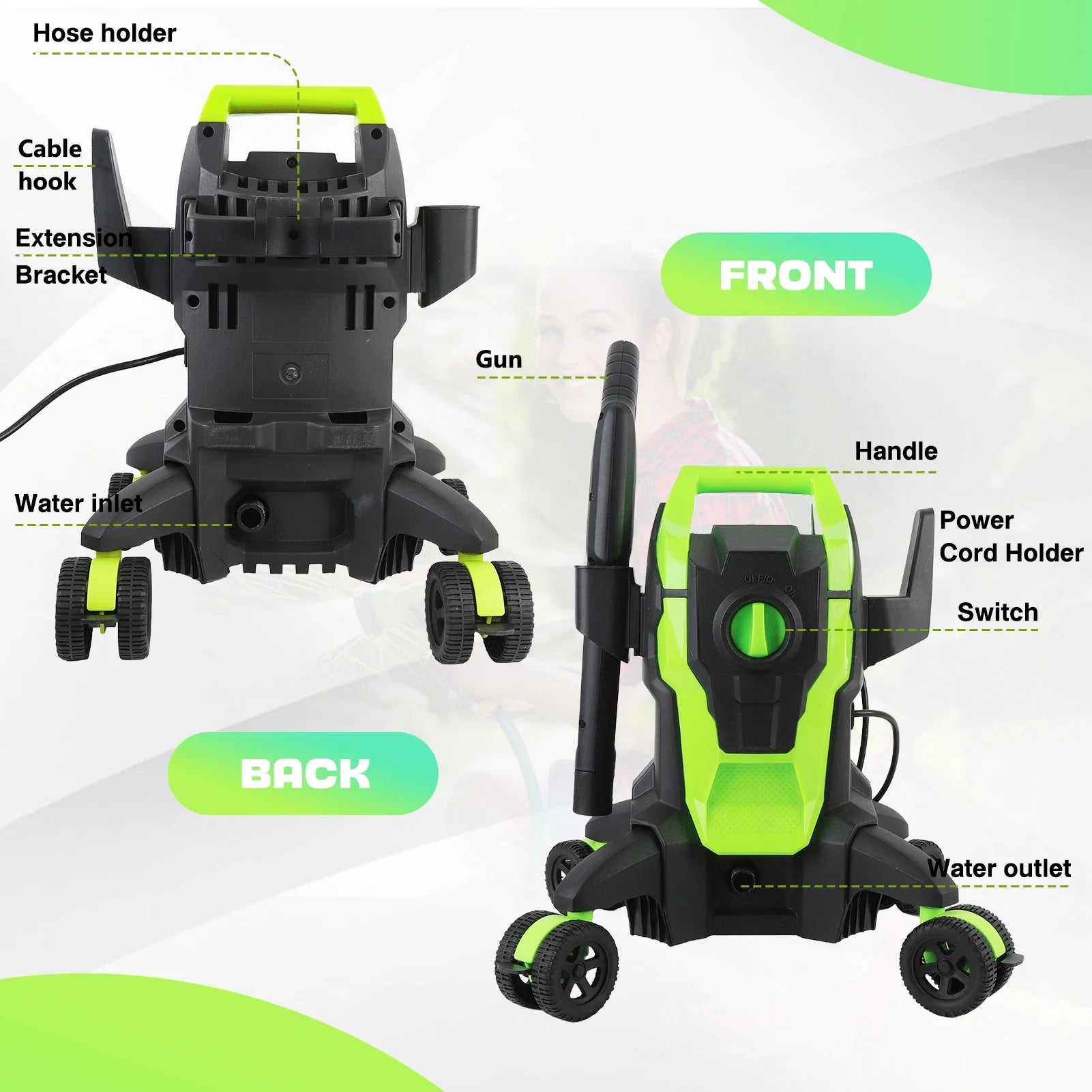 Electric Pressure Washer, 4000PSI Max. 2.8 GPM Power Washer w/32 ft Hose and 32 ft Power Cord, 4 Quick Connect Nozzles, 4 Wheels, Foam Cannon, Suitable For Clean Cars, Patios, Driveways