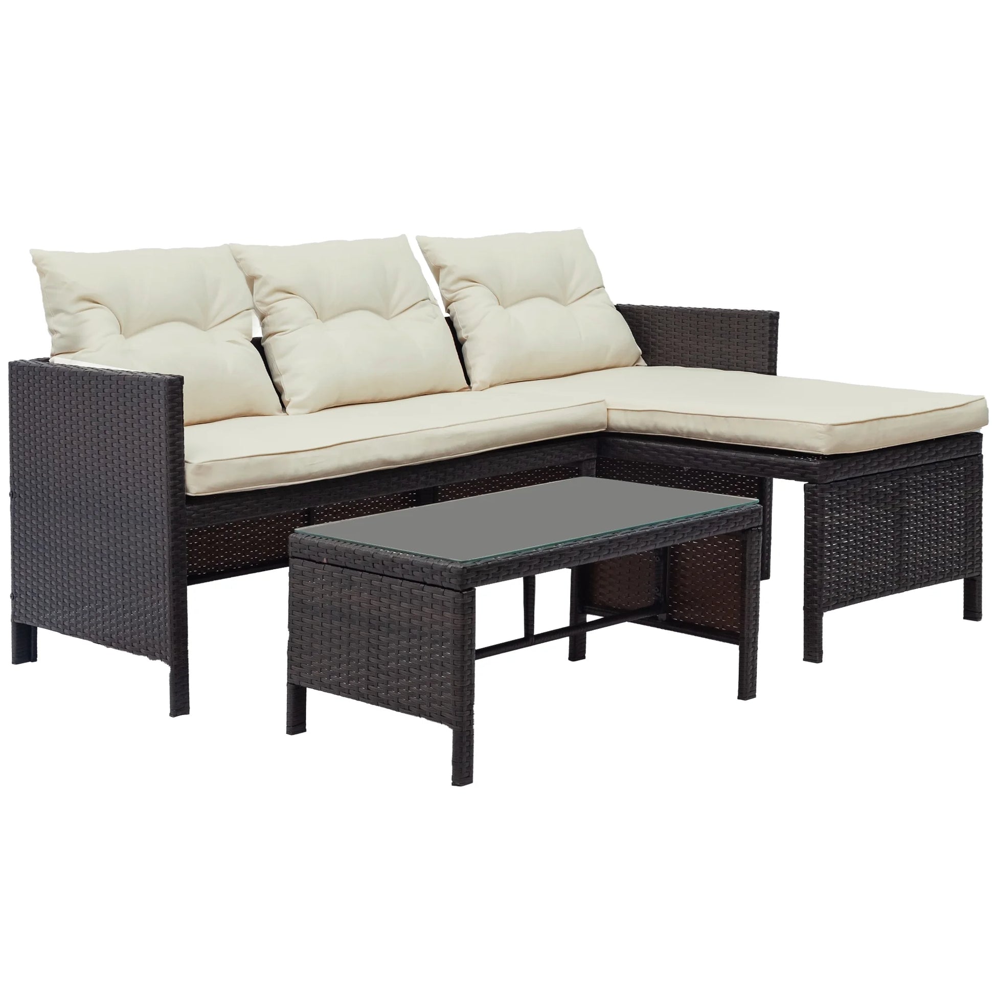 ENYOPRO 3 PCS Patio Sectional Sofa Conversation Set, All Weather Rattan Patio Furniture Set, Brown Outdoor Chaise Lounge Set with Cushion and Table, Deck Backyard Porch Furniture, JA1819