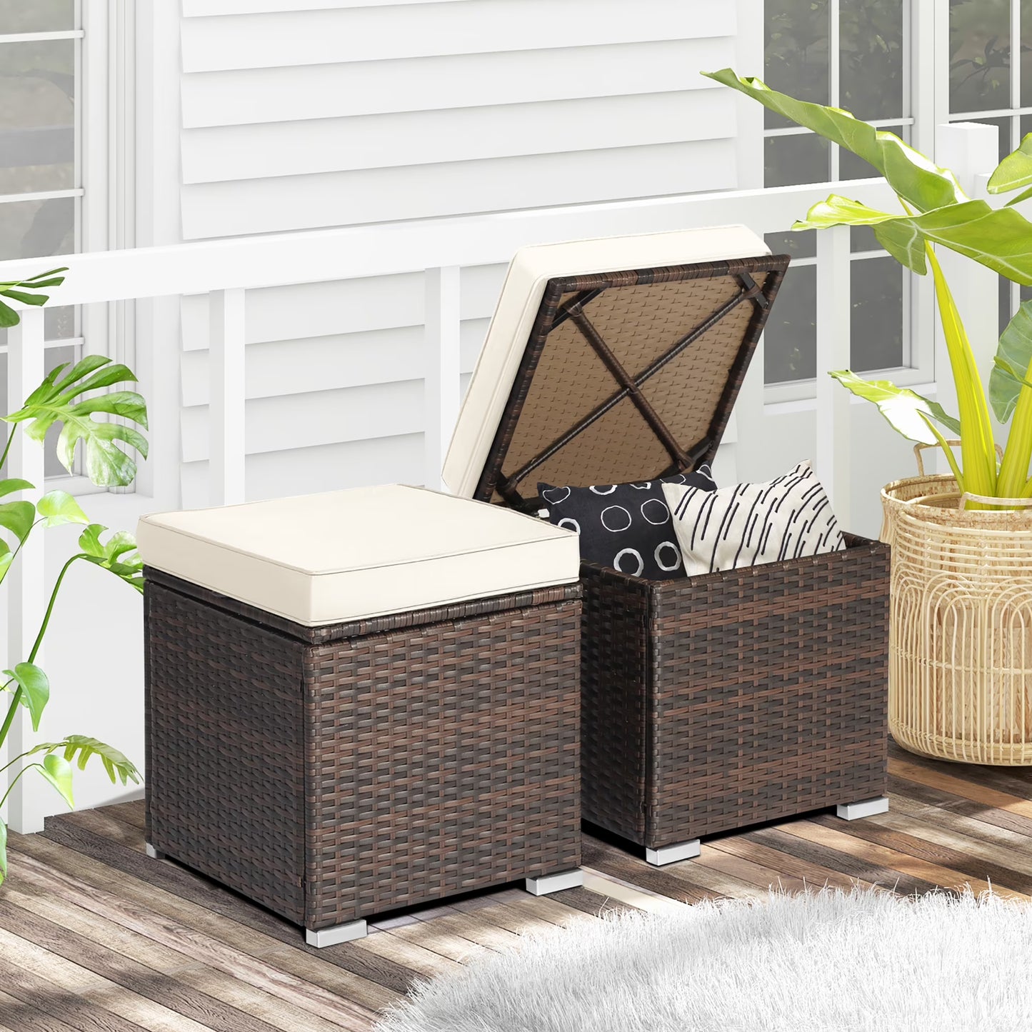 Gymax 2PCS Outdoor Patio Ottomans Hand-Woven PE Wicker Footstools w/Removable Cushions Grey