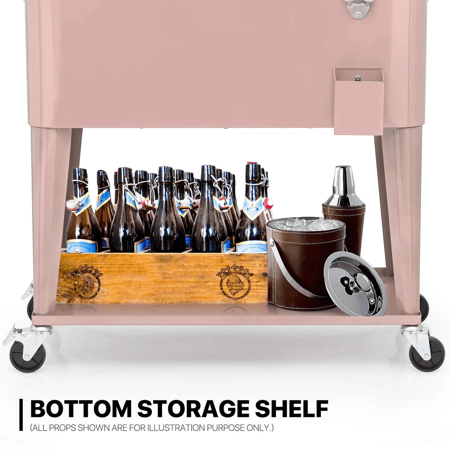 MADOG 80 Quart Rolling Cooler Ice Chest for Outdoor Patio Deck Party, Bar Cold Drink Beverage Cart Tub, Backyard Cooler Trolley on Wheels with Ice Scoop, Catch Tray & Bottle Opener, Pink