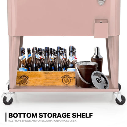 MADOG 80 Quart Rolling Cooler Ice Chest for Outdoor Patio Deck Party, Bar Cold Drink Beverage Cart Tub, Backyard Cooler Trolley on Wheels with Ice Scoop, Catch Tray & Bottle Opener, Pink