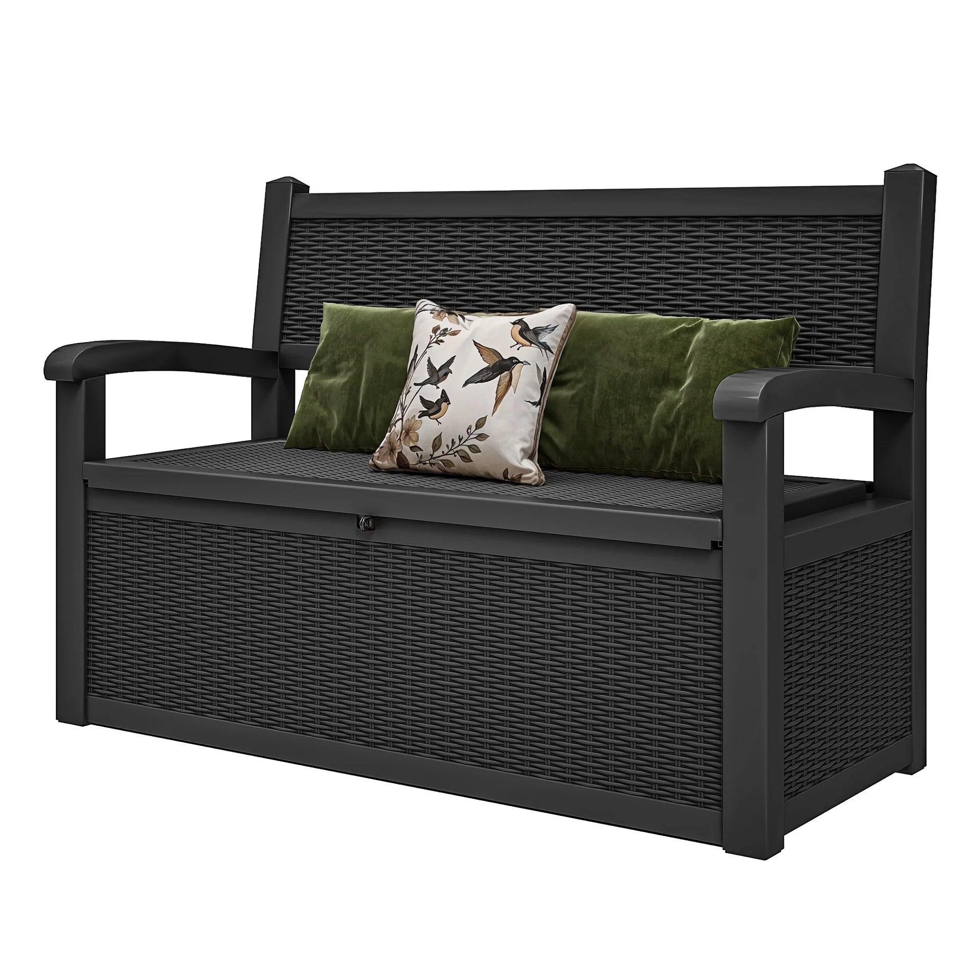 ModFusion 70-Gallon Outdoor Resin Storage Cabinet with Rattan Backrest - Waterproof Patio Bench Seat, 500 lbs Capacity, Black