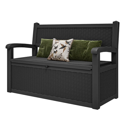 ModFusion 70-Gallon Outdoor Resin Storage Cabinet with Rattan Backrest - Waterproof Patio Bench Seat, 500 lbs Capacity, Black