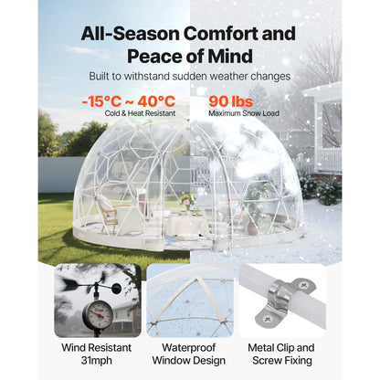 KFFKFF Outdoor Garden Dome, 15 x 9.5 ft Clear Bubble Tent for 10-14 People, Weather-Resistant Geodesic Greenhouse with Window, PVC Dome Tent for Patios, Camping, Parties, and Weddings