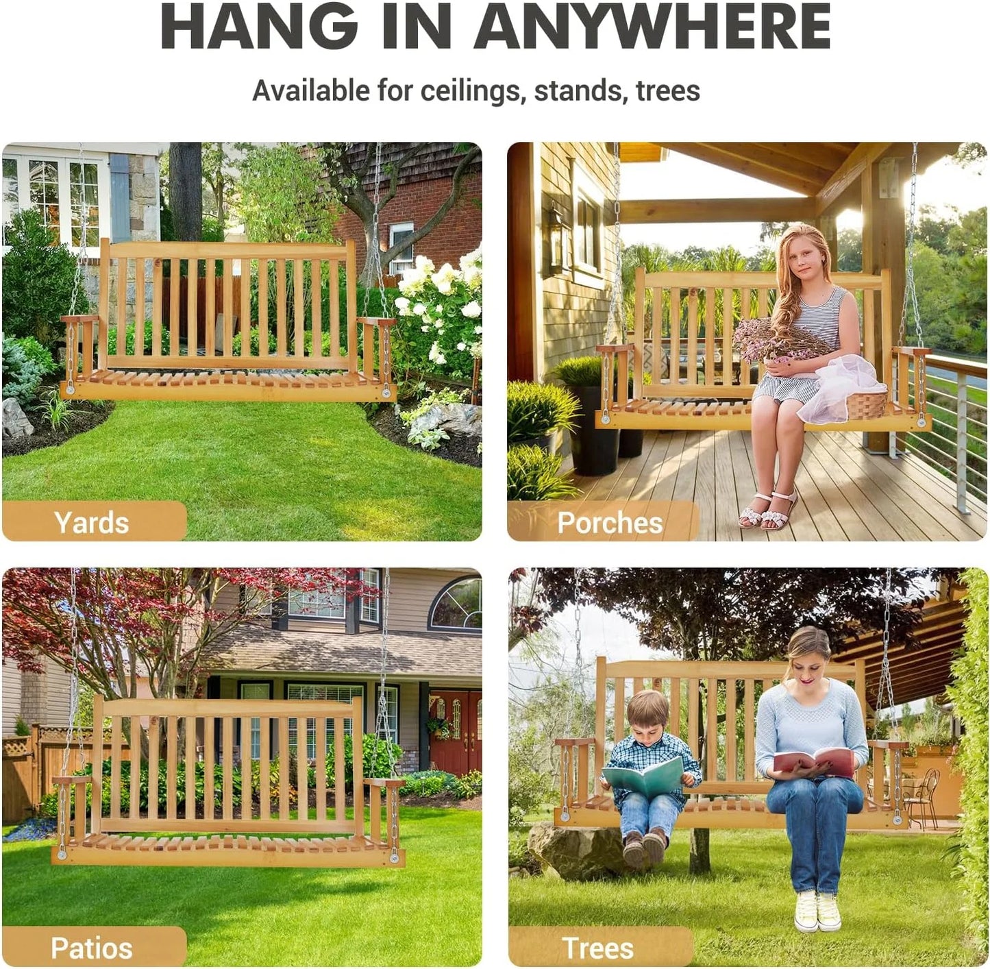 WildBreak Patio Wooden Swing, 45.7 x 24.8 x 23.6", with Hanging Chain, Heavy Duty, Natural Wood
