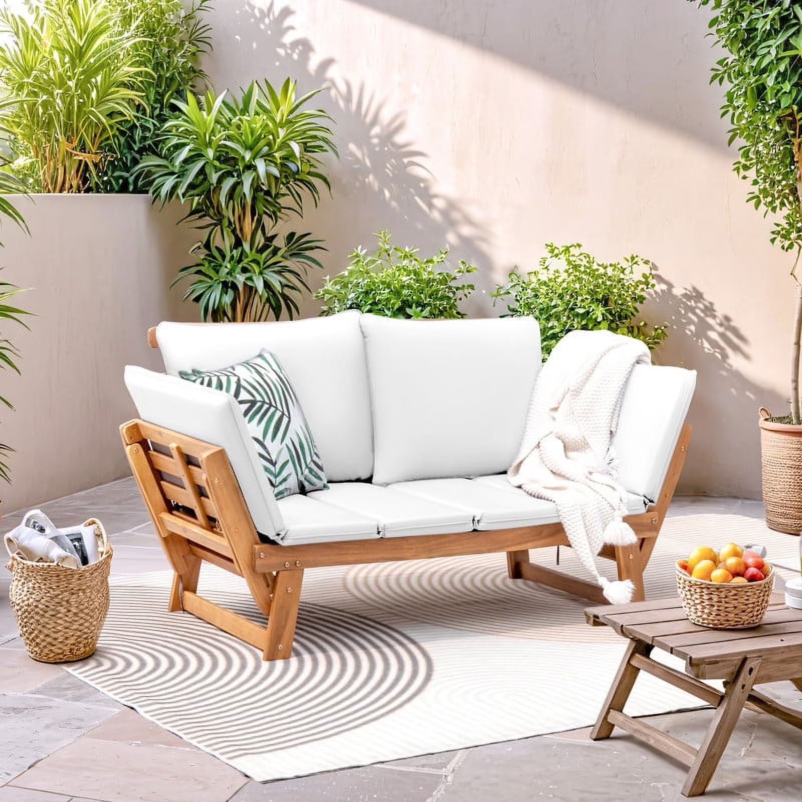 Homall Outdoor Sofa Patio Acacia Wood Daybed with Adjustable Armrests, Gray