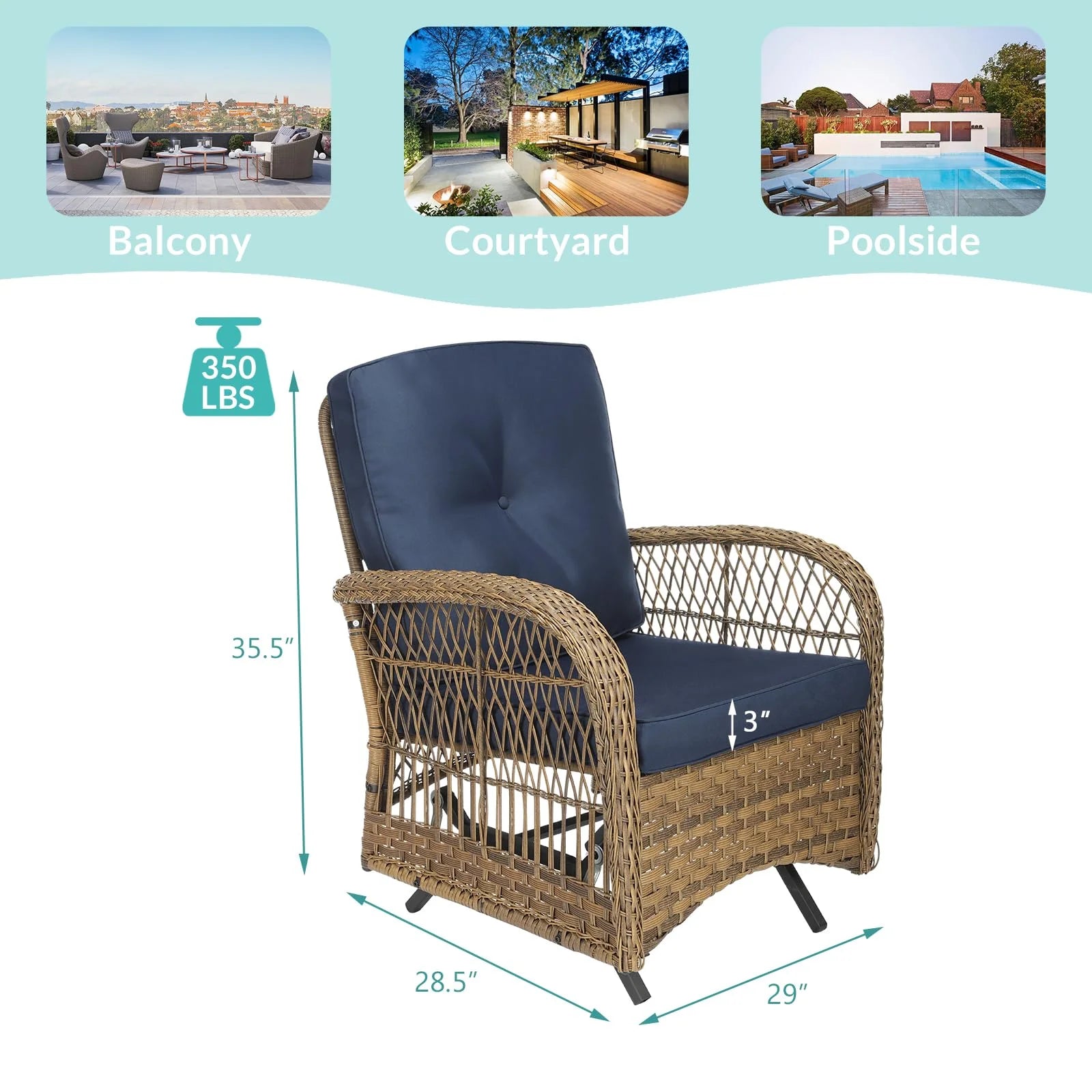 MEETWARM Patio Wicker Rocking Glider Set, All-Weather Outdoor Rattan Patio Rocking Chairs of 2, Patio Conversation Set with Thickened Cushions for Porch Garden & Backyard, Navy Blue