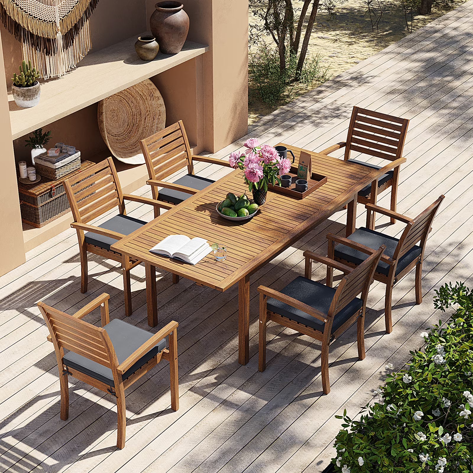 7 Piece Patio Dining Set, Outdoor Acacia Wood Furniture Set, Extendable Rectangular Table and 6 Stackable chairs w/Removeable Fabric Cushion, FSC Certified, for Deck Garden Backyard