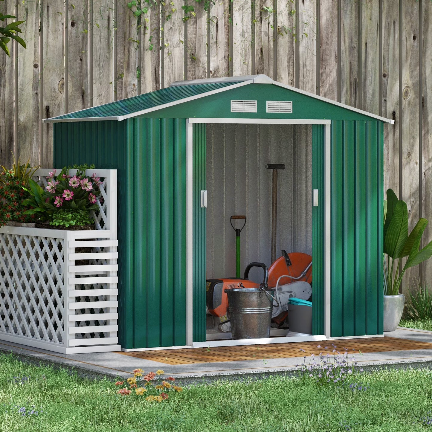 Outsunny 7' x 4' Metal Storage Shed Organizer, Garden Tool House with 4 Vents and 2 Sliding Doors for Backyard, Patio, Garage, Lawn, Dark Gray