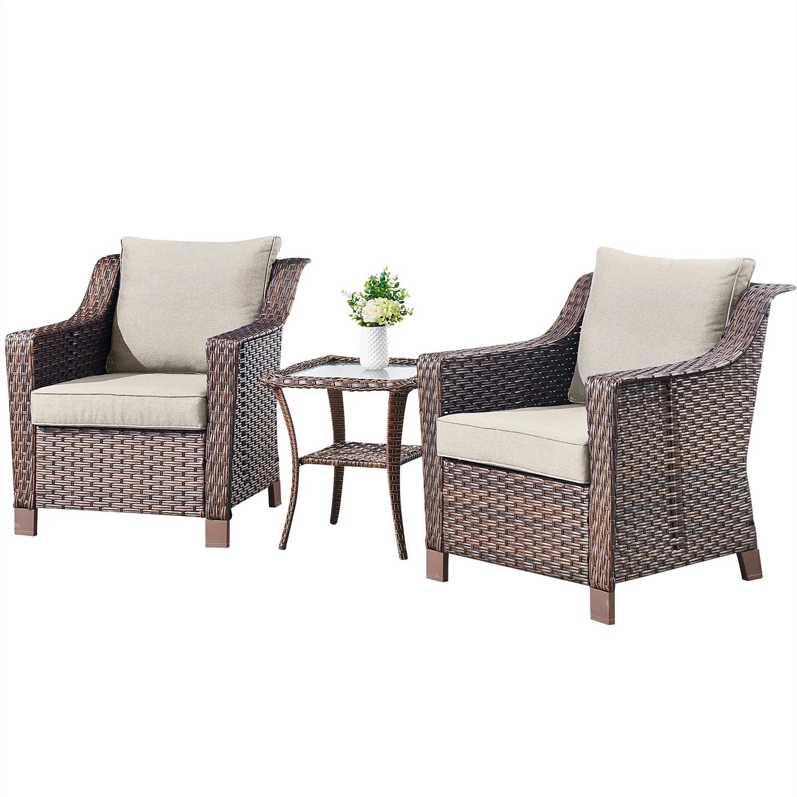 Bellefurn Outdoor Wicker Patio Chairs Set of 2 with Side Table,All-Weather Wicker Rattan Chairs Patio Furniture Chairs for Porch Balcony Backyard Yard Deck