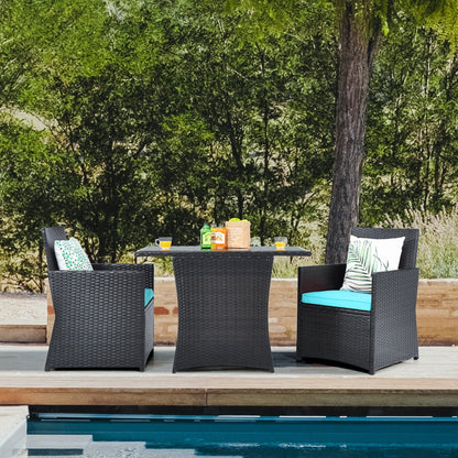 Gymax 3PCS Patio Wicker Bistro Set PE Rattan Dining Table Set w/Turquoise Cushions