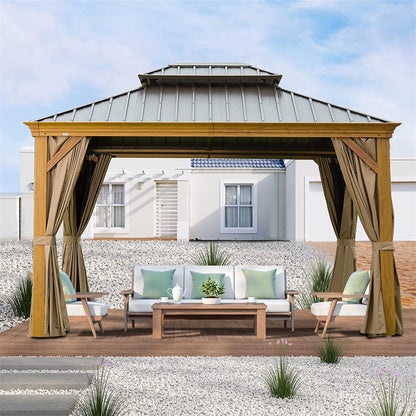 Mondawe 12x20ft Hardtop Gazebo, Galvanized Steel Gable Roof Gazebo Pergola with Wood Grain Aluminum Frame, Outdoor Permanent Gazebo Pavilion for Patio, Garden (Yellow Brown)