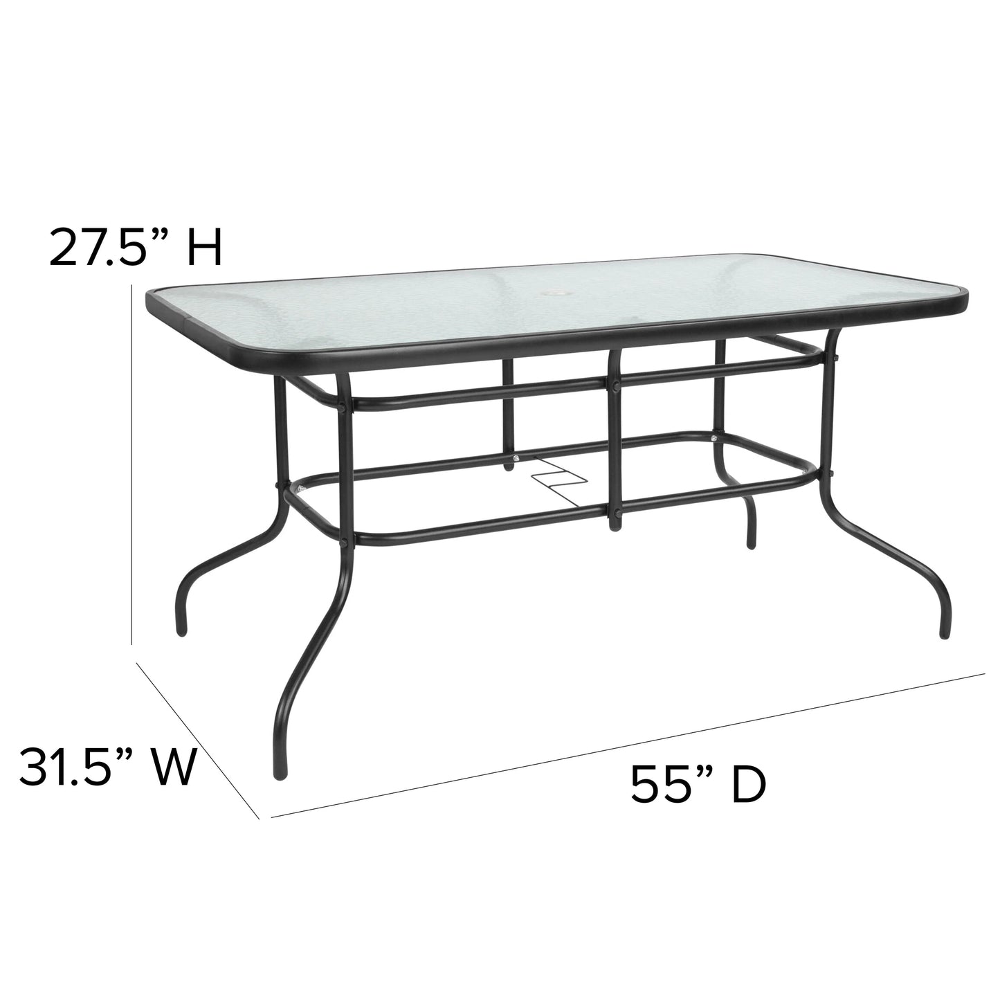 Emma + Oliver 7 Piece Patio Table & Chairs Set with 31.5"x55" Rectangular Metal Table with Tempered Glass Top and 6 Black Aluminum Stacking Chairs