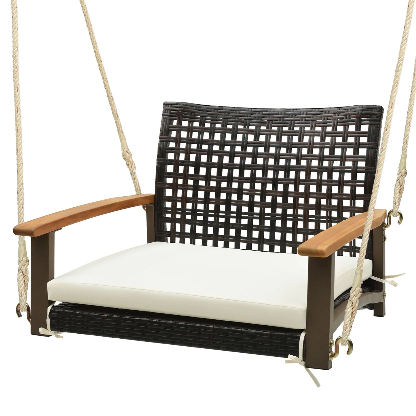 Gymax Rattan Porch Swing Patio Wicker Single Hanging Seat w/Seat Cushion & Acacia Wood Armrests