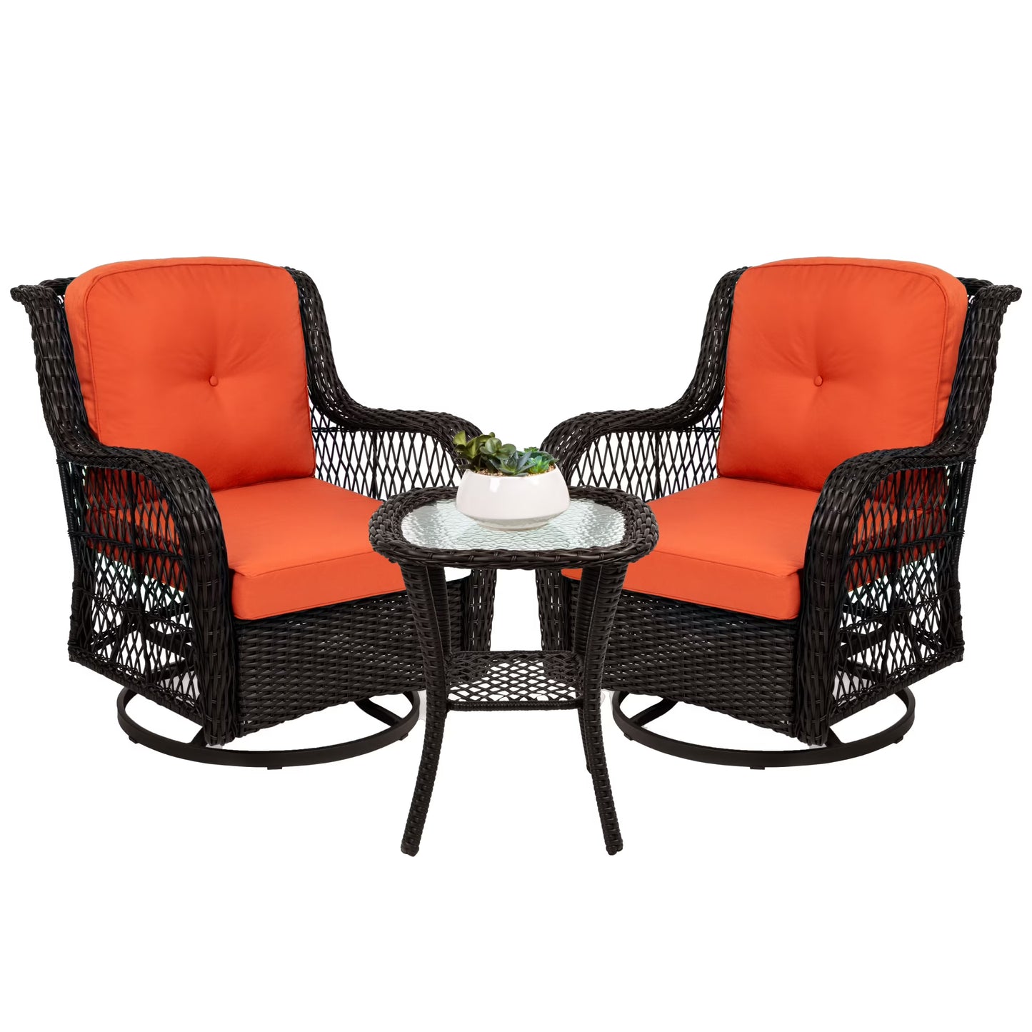 Best Choice Products 3-Piece Patio Wicker Bistro Furniture Set w/2 Cushioned Swivel Rocking Chairs, Side Table - Rust