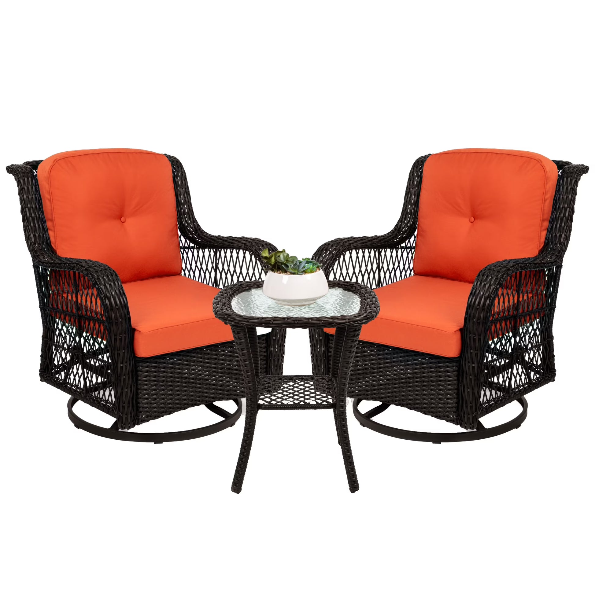 Best Choice Products 3-Piece Patio Wicker Bistro Furniture Set w/2 Cushioned Swivel Rocking Chairs, Side Table - Rust