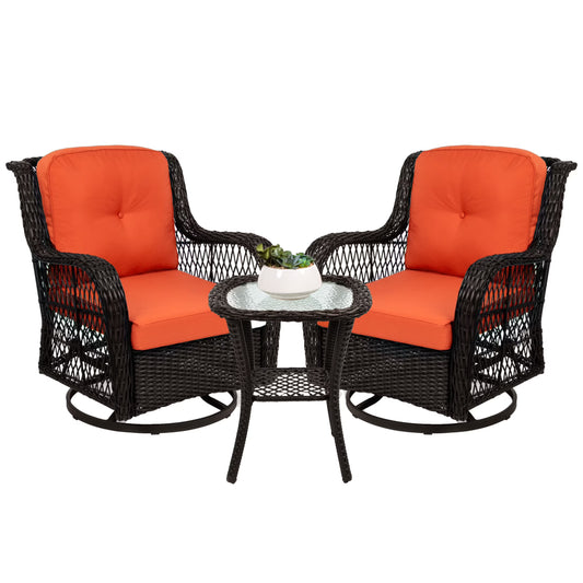 Best Choice Products 3-Piece Patio Wicker Bistro Furniture Set w/2 Cushioned Swivel Rocking Chairs, Side Table - Rust