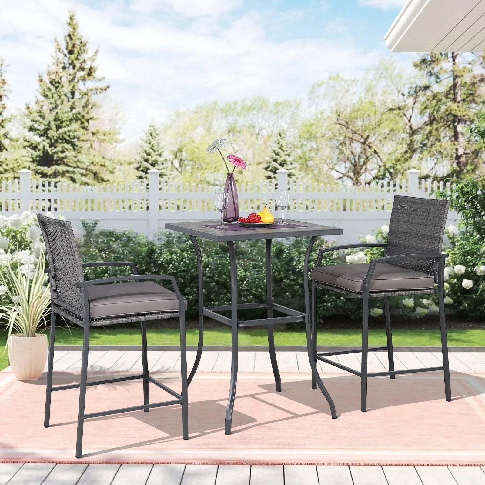OC Orange-Casual Patio Bar Set, All-Weather Wicker, 2 Height Rattan Bar Stools with Wood Grain Top Coffee Table, for Porch, Garden, Bistro, Grey Cushion, 3-Piece