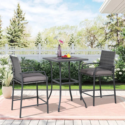 OC Orange-Casual Patio Bar Set, All-Weather Wicker, 2 Height Rattan Bar Stools with Wood Grain Top Coffee Table, for Porch, Garden, Bistro, Grey Cushion, 3-Piece