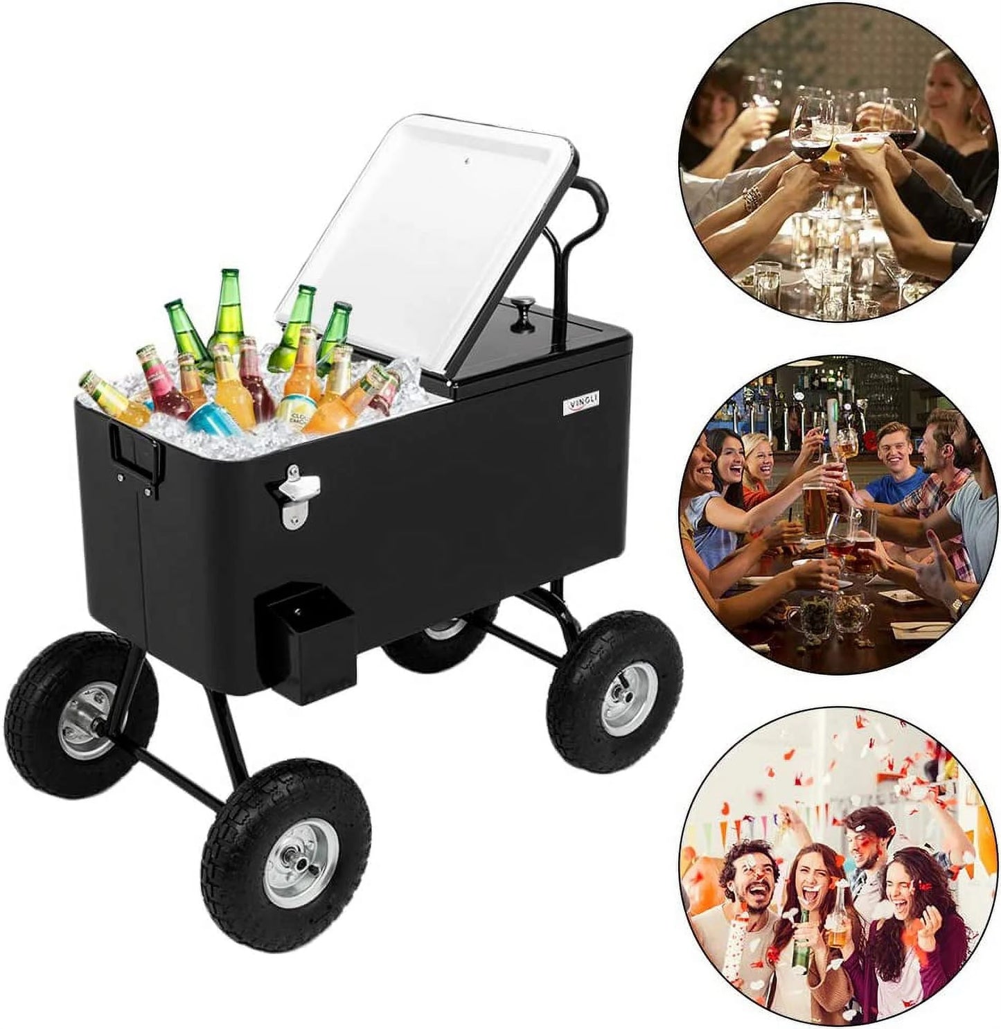 VINGLI 80qt. Wagon Rolling Cooler Ice Chest w/Long Handle and 10" Wheels, Patio Cooler, Outdoor Park Cart on Wheels