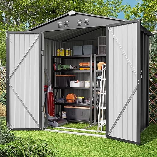 Aiho 6 x 4 FT Outdoor Storage Shed on Clearance with Metal Base Frame and Double Lockable Doors for Garden, Patio- Grey