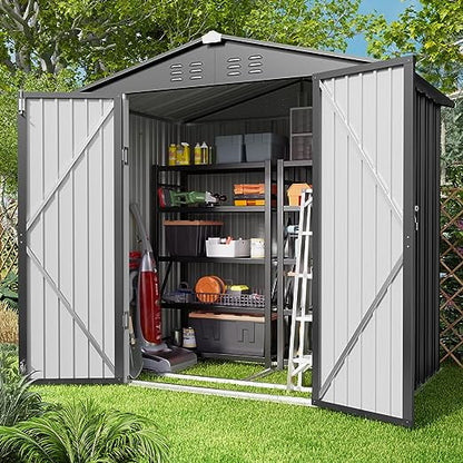 Aiho 6 x 4 FT Outdoor Storage Shed on Clearance with Metal Base Frame and Double Lockable Doors for Garden, Patio- Grey